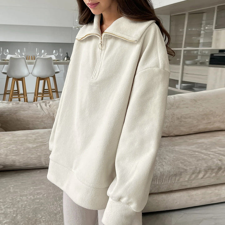 Dame hyggelig fleece-pullover med høj krave og lynlås Stilla