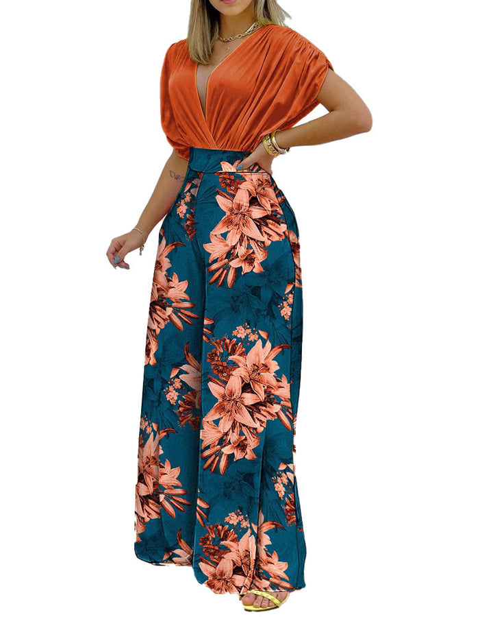 Dame Elegant Jumpsuit med blomsterdesign og dyb V-udskæring Stilla