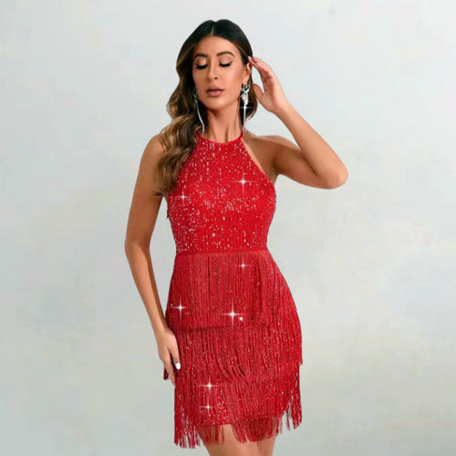 Damer Fringed Mini-Kjole med elegant blondeoverdel og skinnende detaljer Stilla