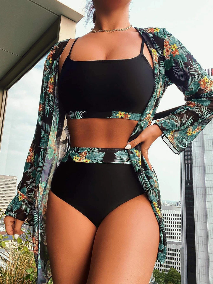 Dame bikini-sæt med højskåret trusse og floral kimono Skovae