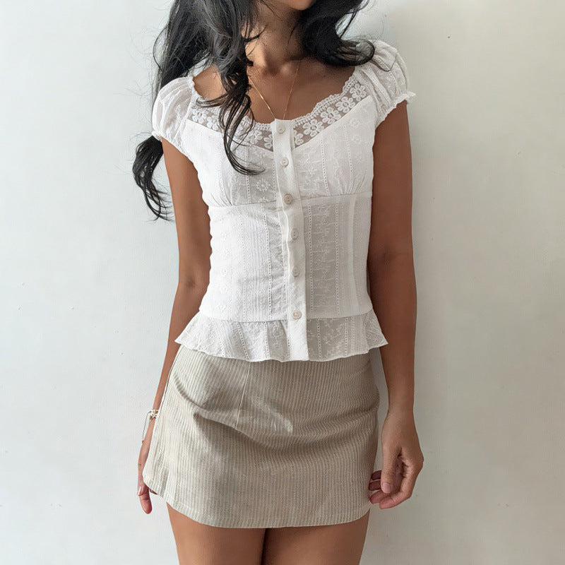 Damer Elegant bluse top med legende puff ærmer og knaplukning Skovae