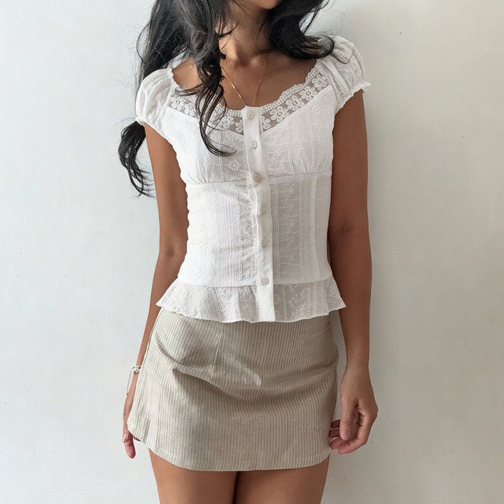 Damer Elegant bluse top med legende puff ærmer og knaplukning Skovae