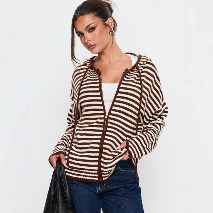 Dame cardigan i stribet design med kvalitets lynlås og casual fit