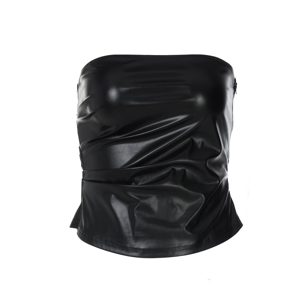 Dame Luksuriøs Bustier Top i Kunstlæder med Rynket Design Stilla