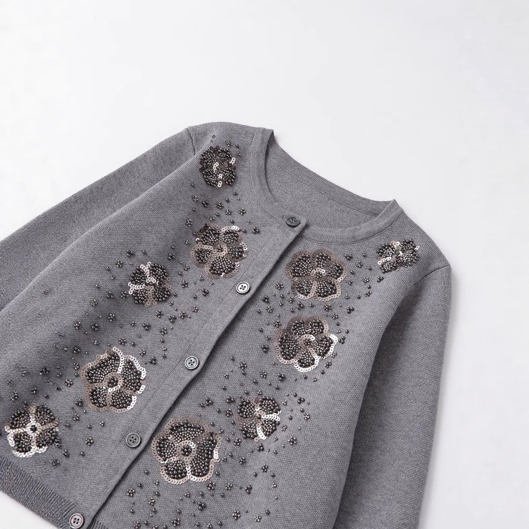 Kvindernes cardigan med glitrende blomsterdetaljer Stilla