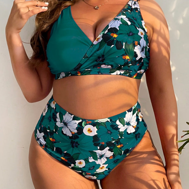 Damer Højskåret Bikini med Vikledesign og blomster mønster Skovae