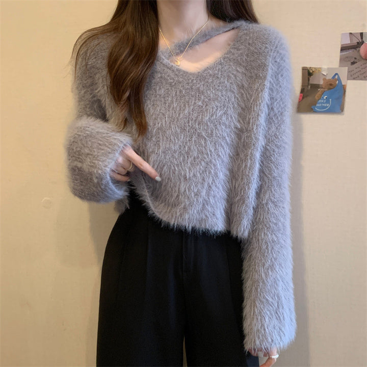 Kvinders fluffy sweater med afslappet skær og dyb V-hals Stilla