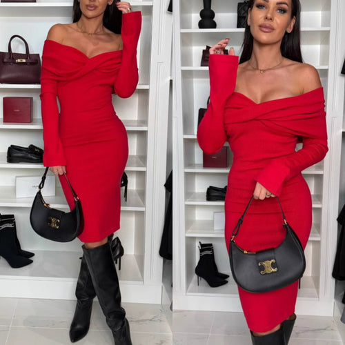 Damer Off-Shoulder Strik Midi Kjole Stilla