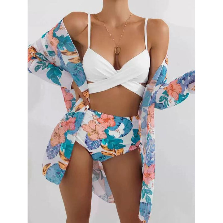 Dame bikini-sæt med højsnittet trusse og blomster kimono Skovae