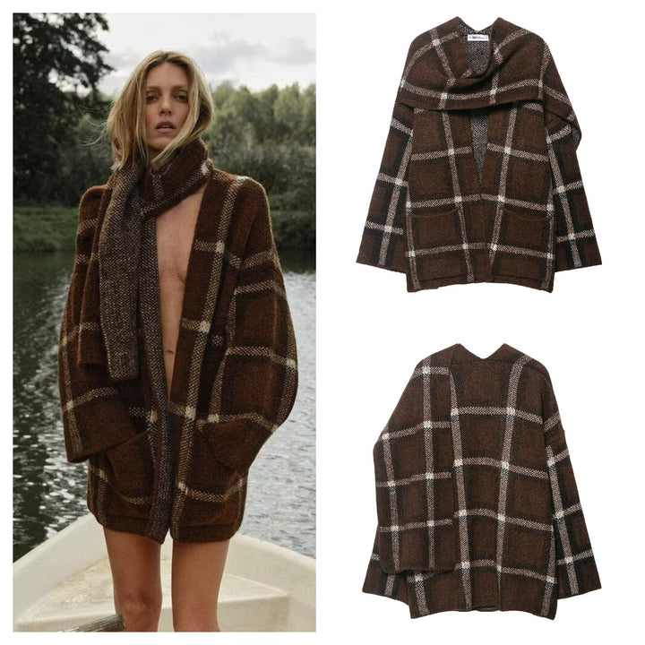 Damernes elegante oversized cardigan med ternet mønster og praktiske lommer Stilla