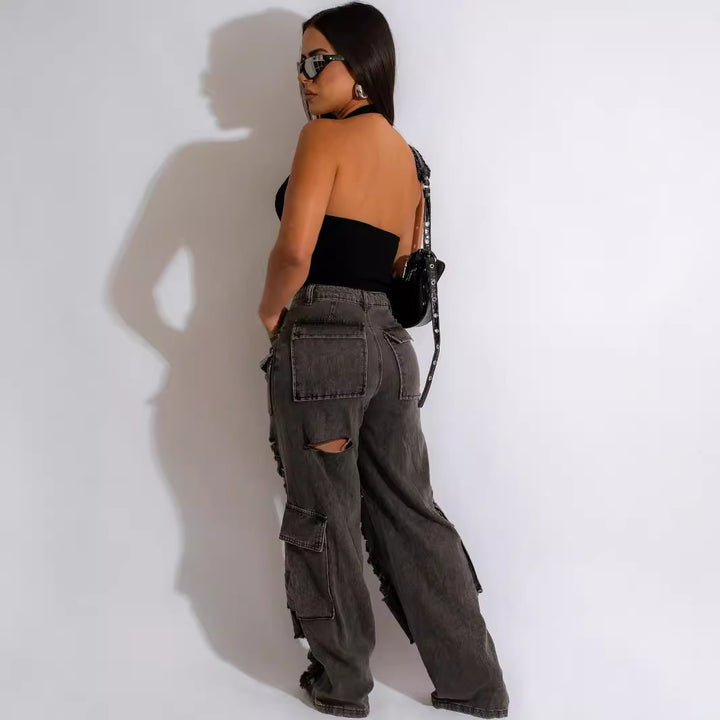 Dame Cargo-Jeans med moderne Destroyed-detaljer og praktiske lommer Stilla