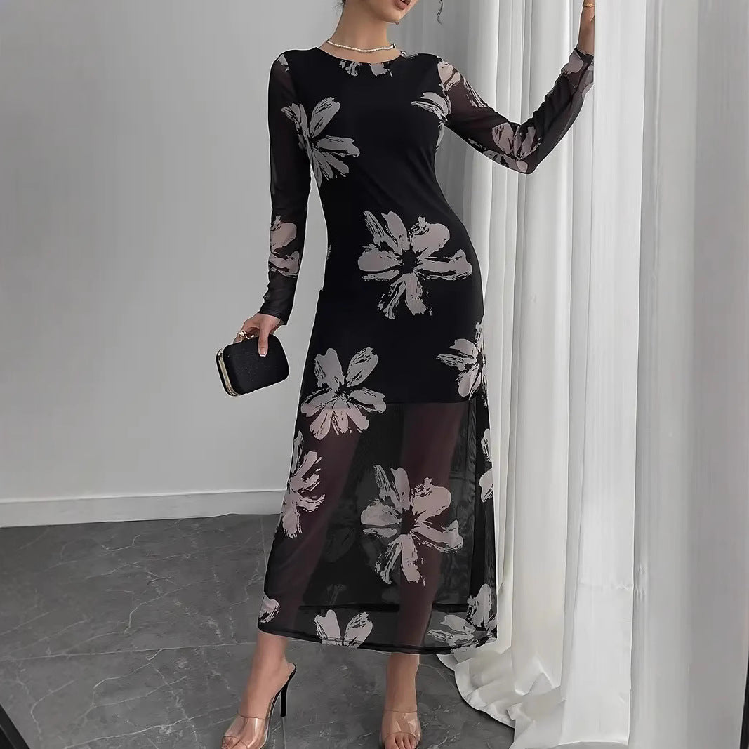 Dame maxikjole med transparent blomstermønster og lange ærmer Stilla