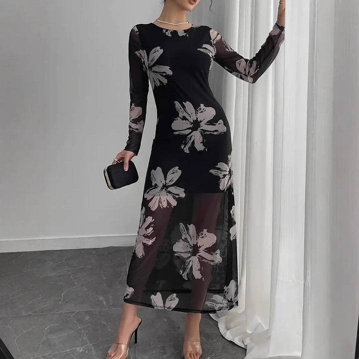 Dame maxikjole med transparent blomstermønster og lange ærmer Stilla
