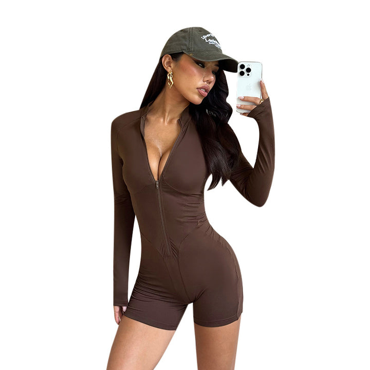 Dame figursyet langærmet jumpsuit med dyb halsudskæring og lynlås Skovae