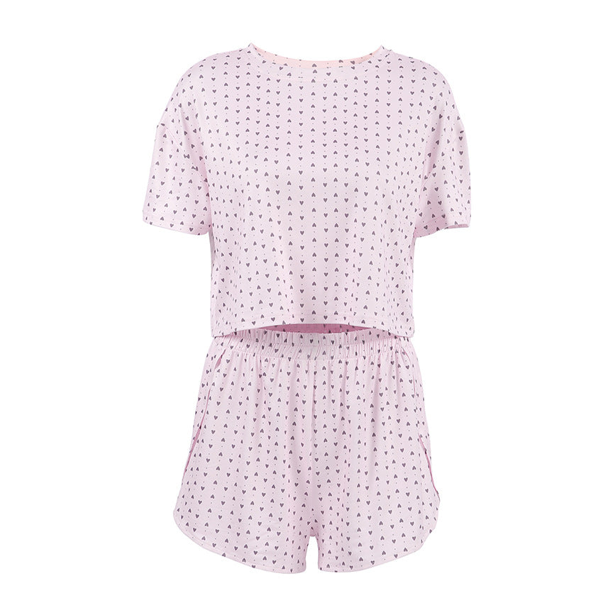 Dame kortærmet pyjamasæt med hjerte-motiv og elastisk talje Stilla
