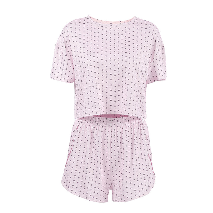 Dame kortærmet pyjamasæt med hjerte-motiv og elastisk talje Stilla