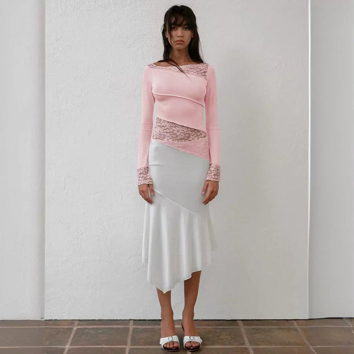Damer figurtilpasset langærmet shirt med elegant spidsbesætning og asymmetrisk snit Stilla