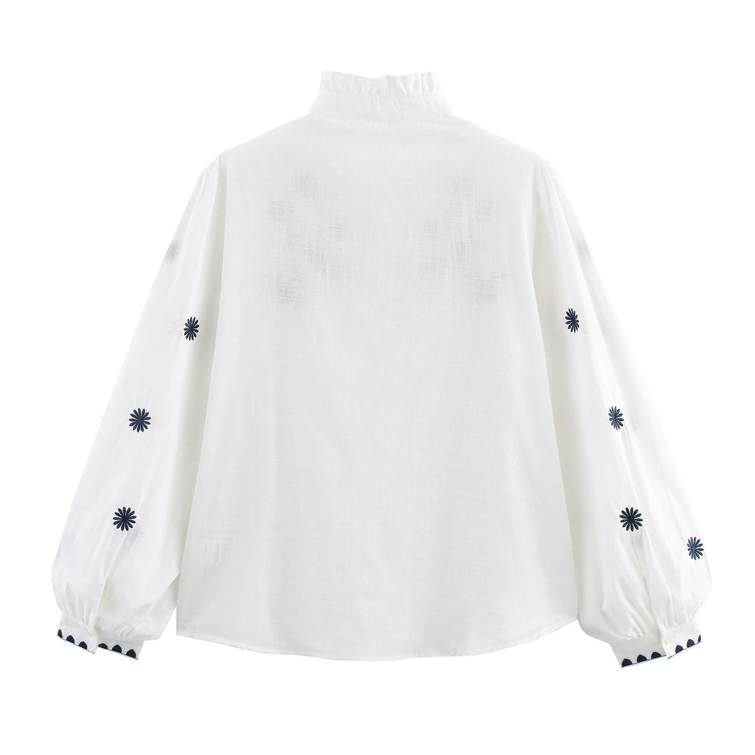 Damer Broderet Bluse med Ståkrave og lange Ærmer Stilla