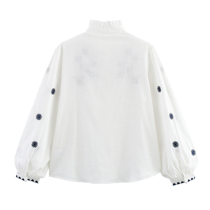 Damer Broderet Bluse med Ståkrave og lange Ærmer Stilla