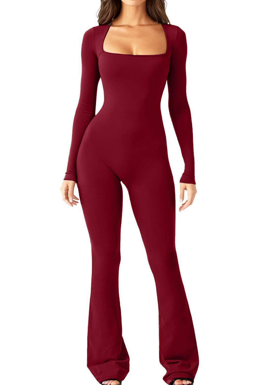 Dame Elegant Langærmet Jumpsuit med dyb kvadratisk U-hals og flatterende snit Stilla