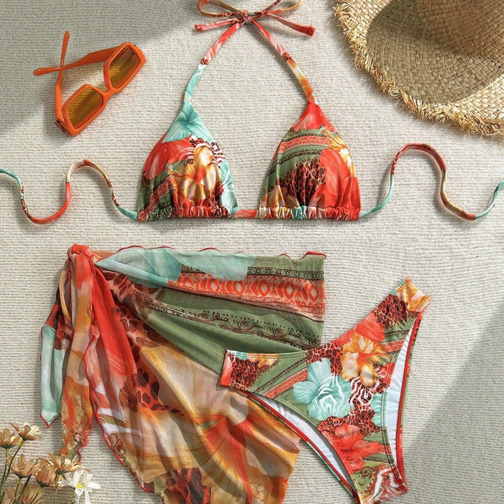 Dame Floral Bikini-Set med kombination af top og indpakningstørklæde Skovae