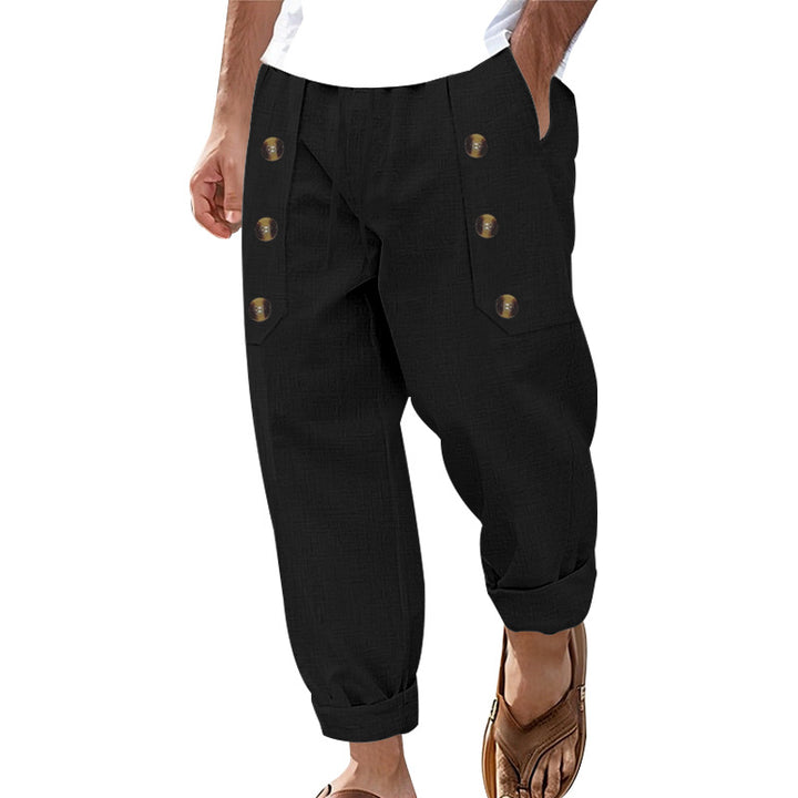 Herren nan loose linen pants with decorative button stripes, rolled ankle hem and side pockets Skovae