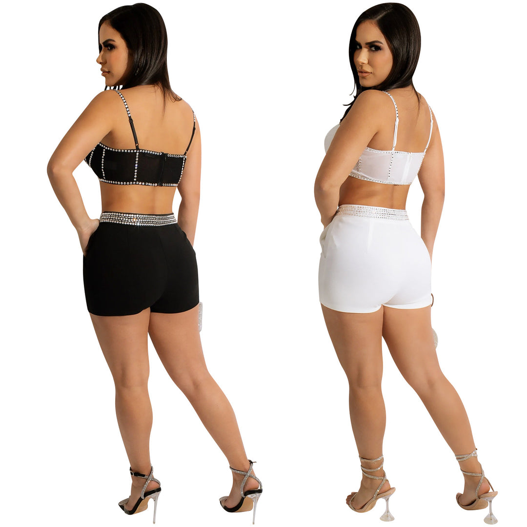 Dame Elegant Crop-top og Shorts Sæt med Rhinsten og Høj Talje Stilla