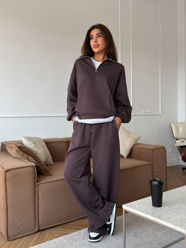 Kvinders sporty pullover med halvlukning og brede bukser Skovae