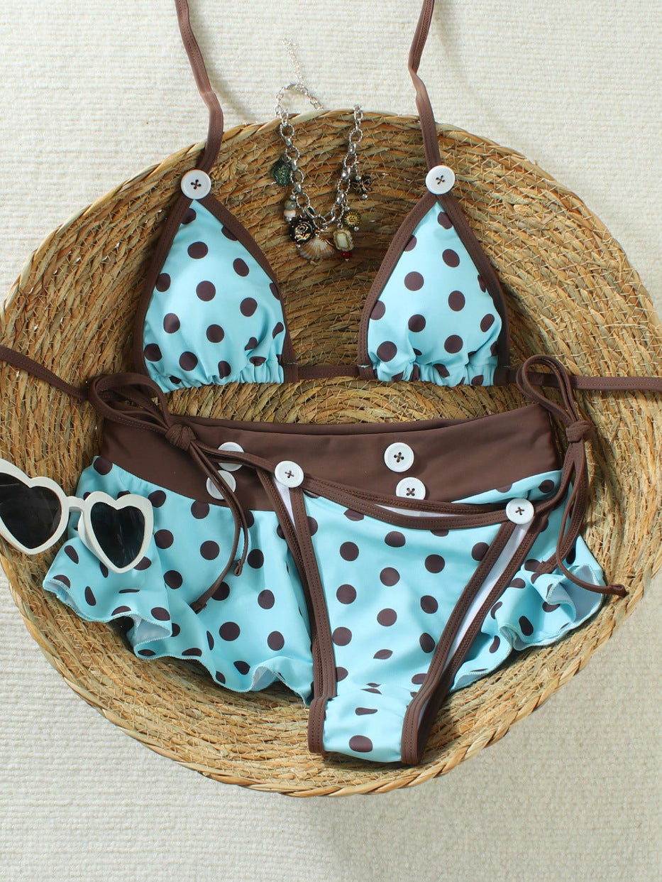 Dame triangulær bikini med ryscher og trendy prikkedesign Skovae