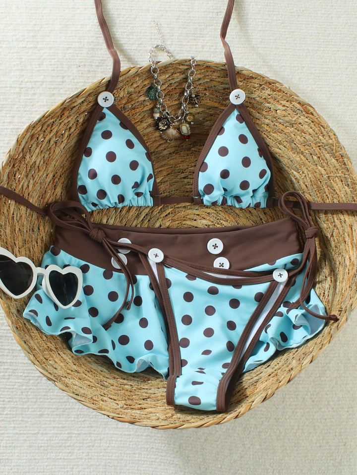 Dame triangulær bikini med ryscher og trendy prikkedesign Skovae