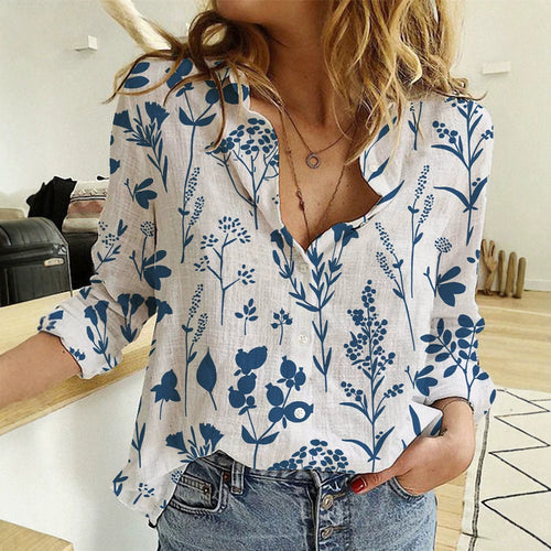 Dame nan loose linen look blouse med V-hals botanisk alloverprint og trekvartærmer Skovae