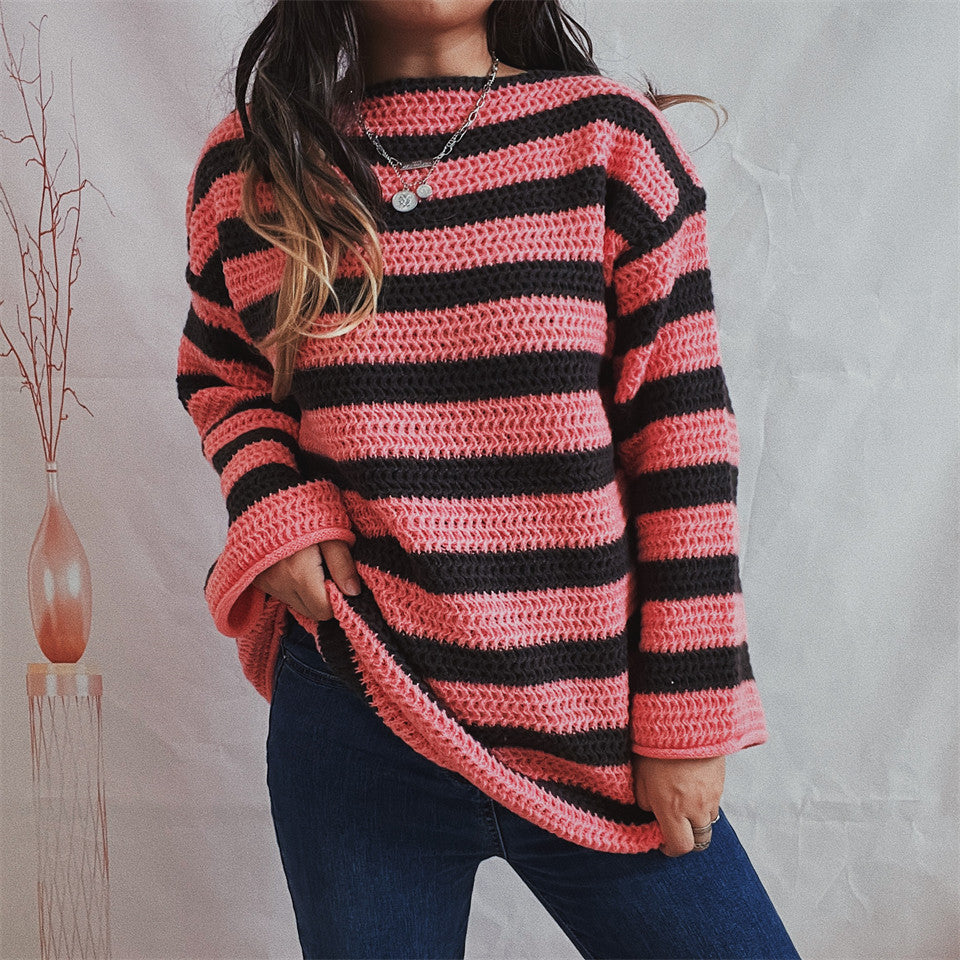 Kvinders afslappede chunky strikket sweater med moderne stribet mønster Stilla