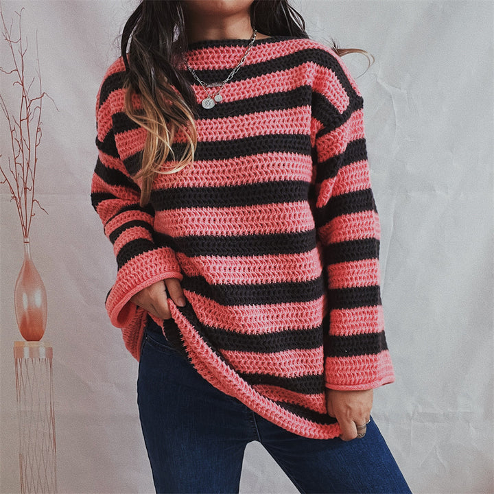 Kvinders afslappede chunky strikket sweater med moderne stribet mønster Stilla