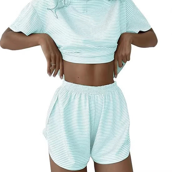 Dame casual crop-top og shorts sæt med stribet mønster Skovae