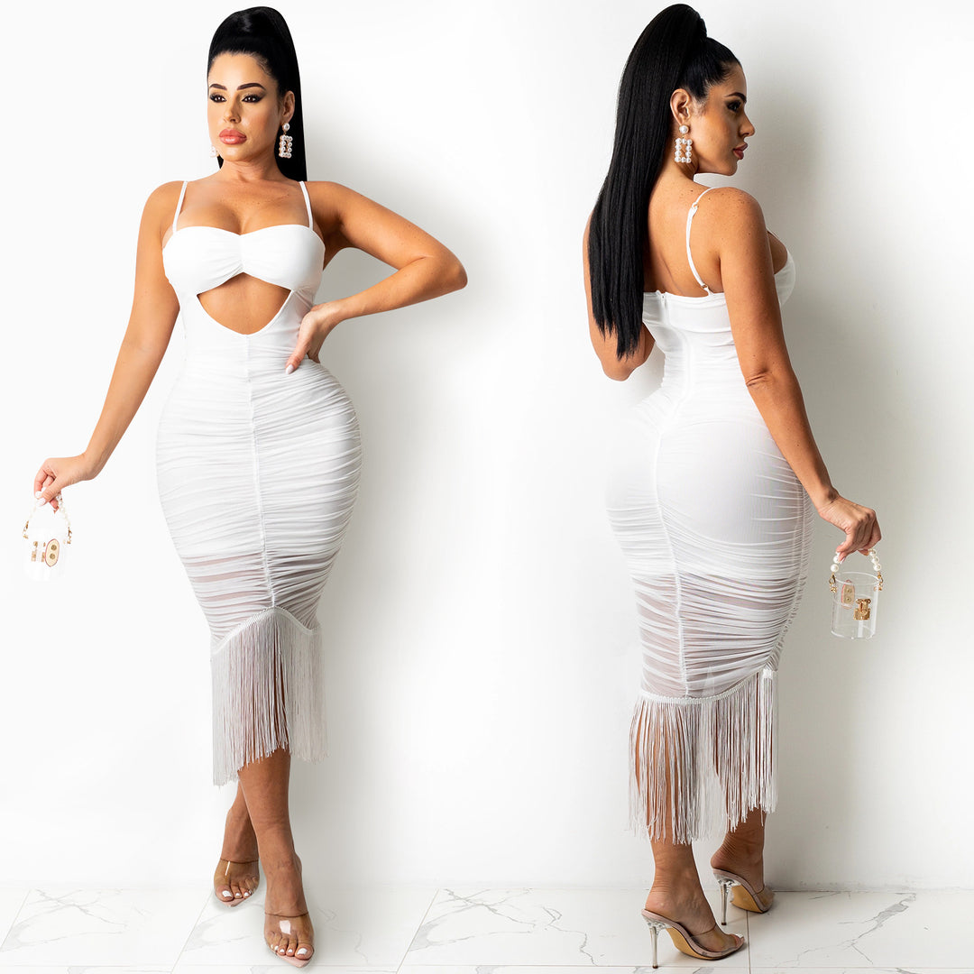 Dame figursyet Cut-Out Midi-kjole med frynser Stilla