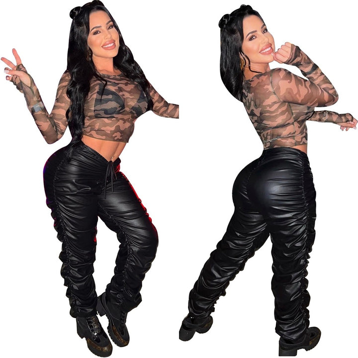 Dame Fashion Camouflage Crop-Top og Kunstlæder Joggingbukser Sæt Stilla