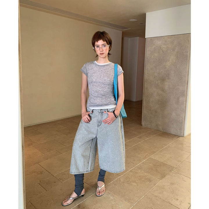 Dame løse Culotte-jeans med iøjnefaldende perledetaljer og elastisk talje Stilla