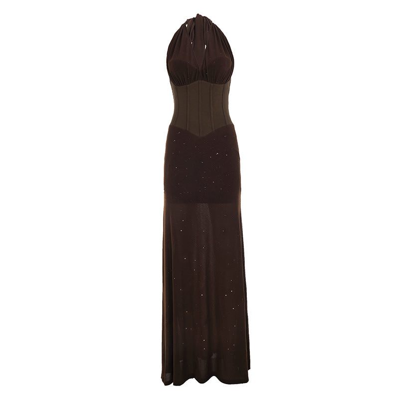 Damen elegantes Abendkleid mit tiefem V-Ausschnitt und Rüschendetails Skovae