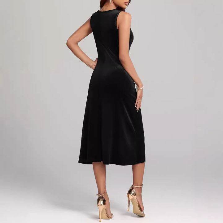 Dame elegant Midi-kjole med svajende skirt og rund halsudskæring Stilla