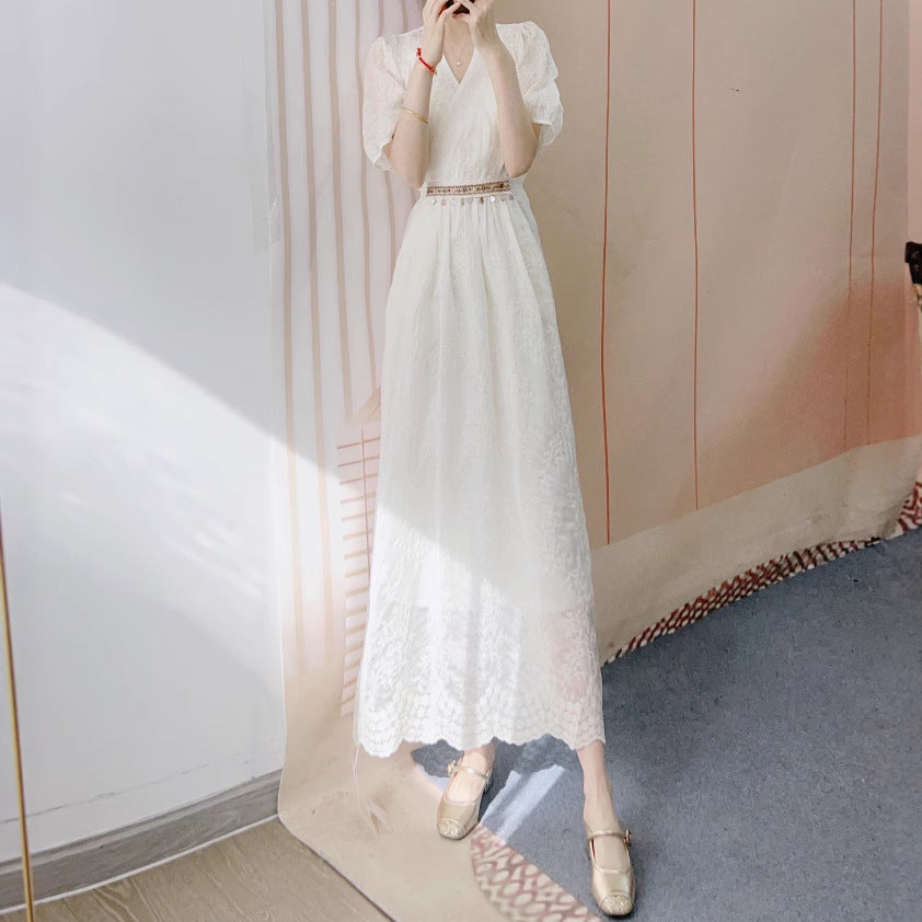 Dame Maxi Kjole med elegante Puffærmer og fint Spidsmønster Stilla