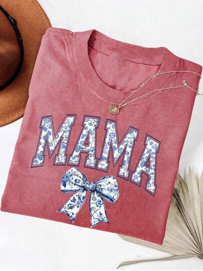 Dame T-shirt med blomster motiv og legende sløjfe dekoration Stilla