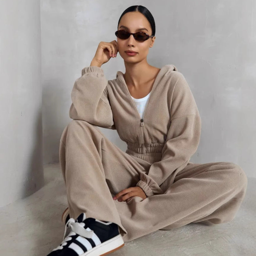 Kvindernes cropped hoodie i vaffelstrik design med elastisk talje Skovae
