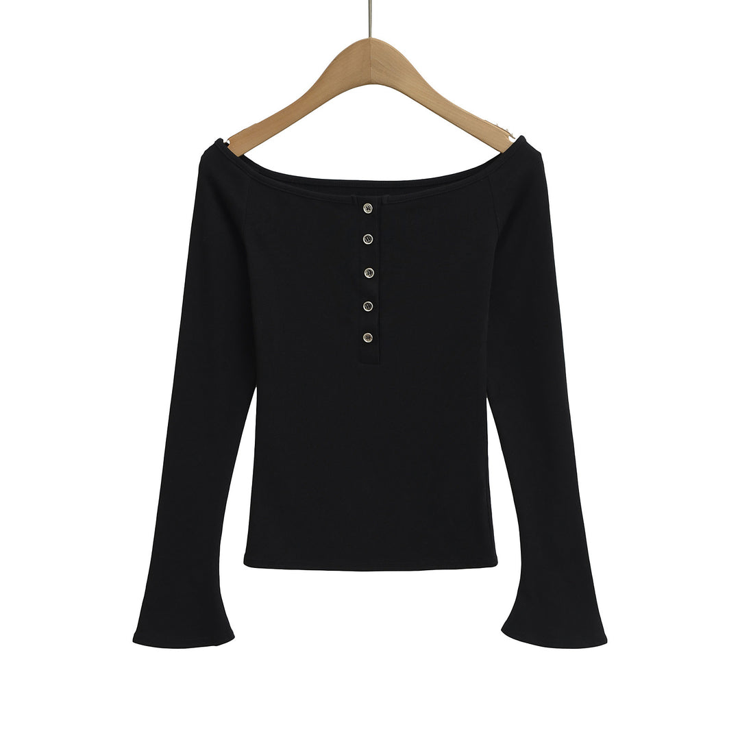 Dame Off-Shoulder Langærmet T-shirt med elegant knapliste og fint ribmateriale Stilla