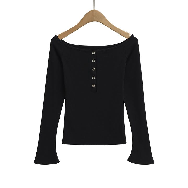 Dame Off-Shoulder Langærmet T-shirt med elegant knapliste og fint ribmateriale Stilla