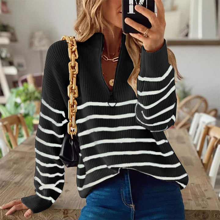 Kvinders strikket sweater med trendy lynlås og stribemønster Stilla