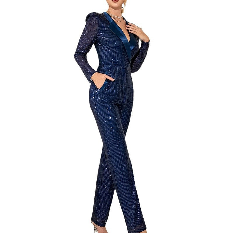 Dame Funklende Jumpsuit med Figurvenlig Snit og Elegant V-Udskæring Skovae