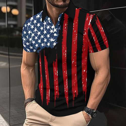 Herrer kortærmet poloshirt med omhyggeligt udformet amerikansk flagmotiv og kontrasterende striber Stilla