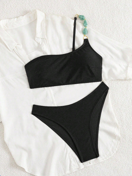 Dame One-Shoulder-Bikini-Sæt med moderne smykkedetalje Skovae