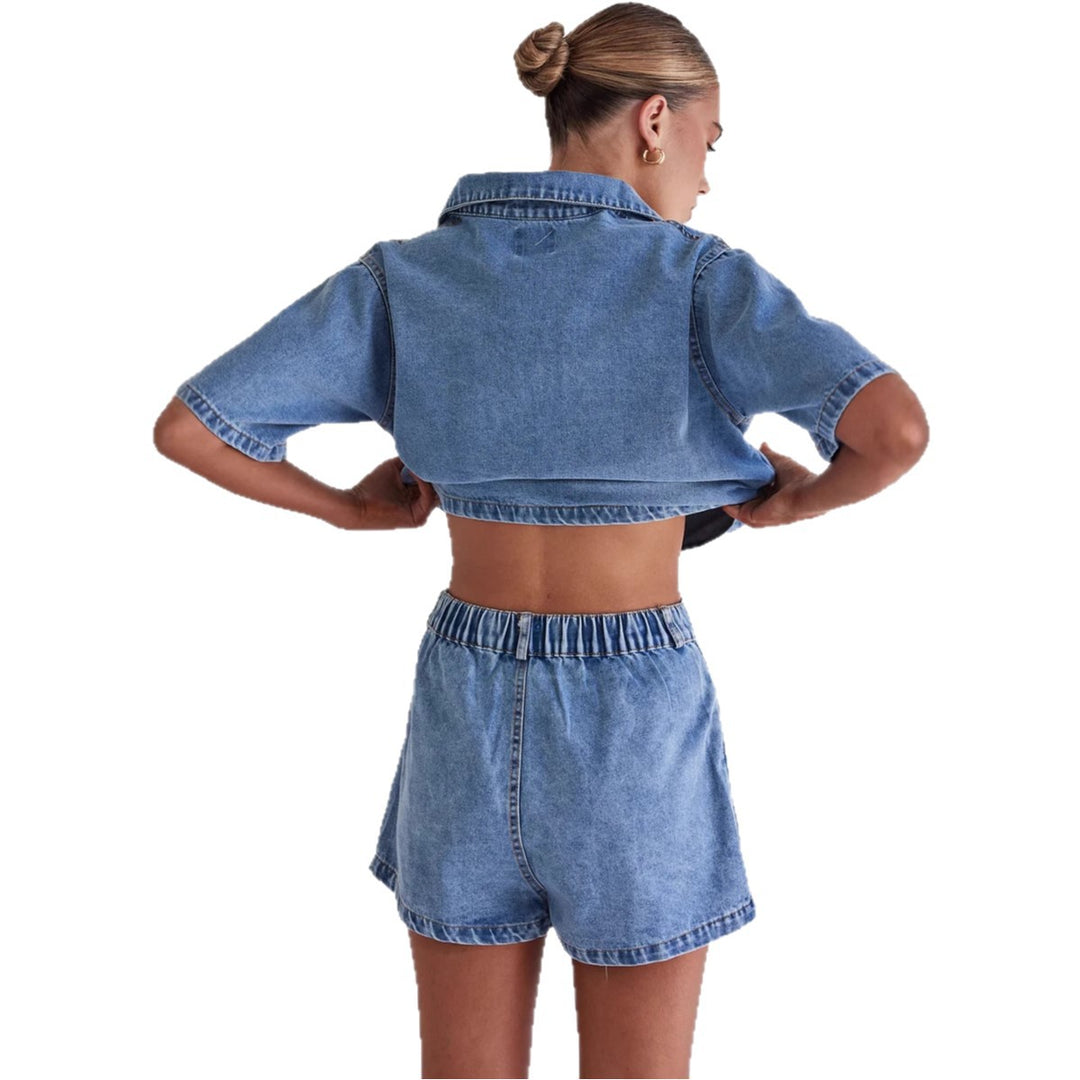 Dame Denim-kortjakke med matchende nederdel i afslappet stil Skovae