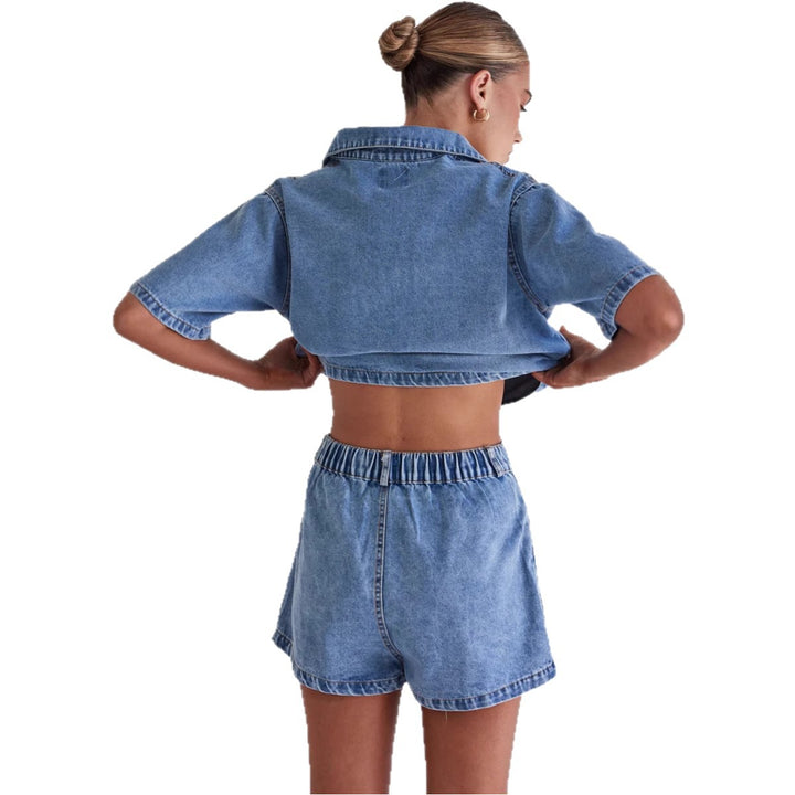 Dame Denim-kortjakke med matchende nederdel i afslappet stil Skovae
